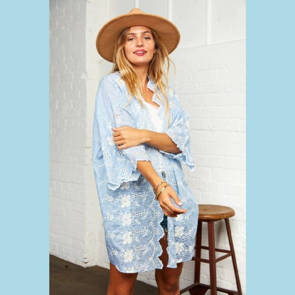 BLUE & IVORY COTTON BOHO EMBROIDERED SCALLOP KIMONO - Picture 5 of 7